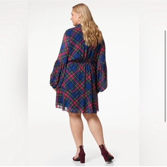 New! CATO Size Xl Blue Pink Berry Plaid Ruffle Neck Tie Waist Sheer Long Sleeve - Picture 2 of 8